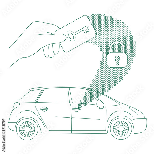 Car access, keyless lock thin line concept vector illustration. Door unlock card, person with electronic key 2D cartoon character for web design. RFID, vehicle alarm system creative idea