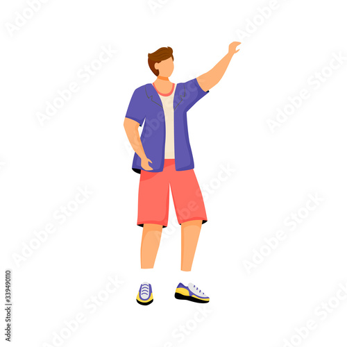 Man in casual clothes flat color vector faceless character. Guy raising hand up, young boy wearing summer clothing isolated cartoon illustration for web graphic design and animation