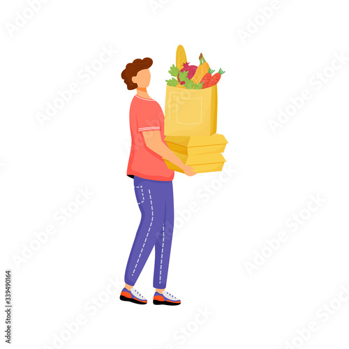 Man with organic produce, guy carrying greens flat color vector faceless character. Greengrocery client, boy with packages isolated cartoon illustration for web graphic design and animation