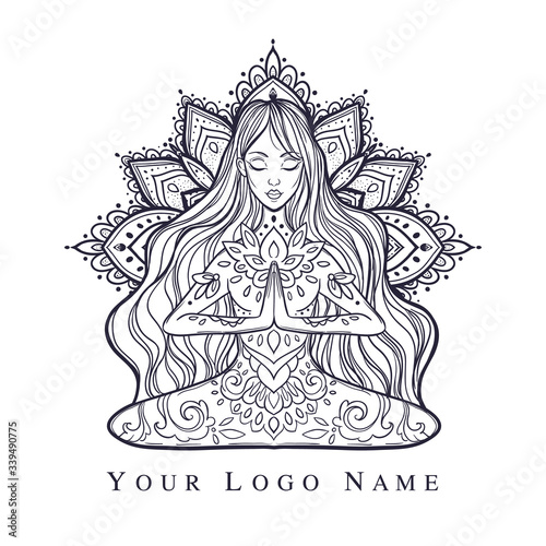 Ornamental woman in a yoga pose Vector illustration in ethnic, boho styles.