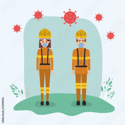 Women builders with masks and helmets against 2019 ncov virus vector design