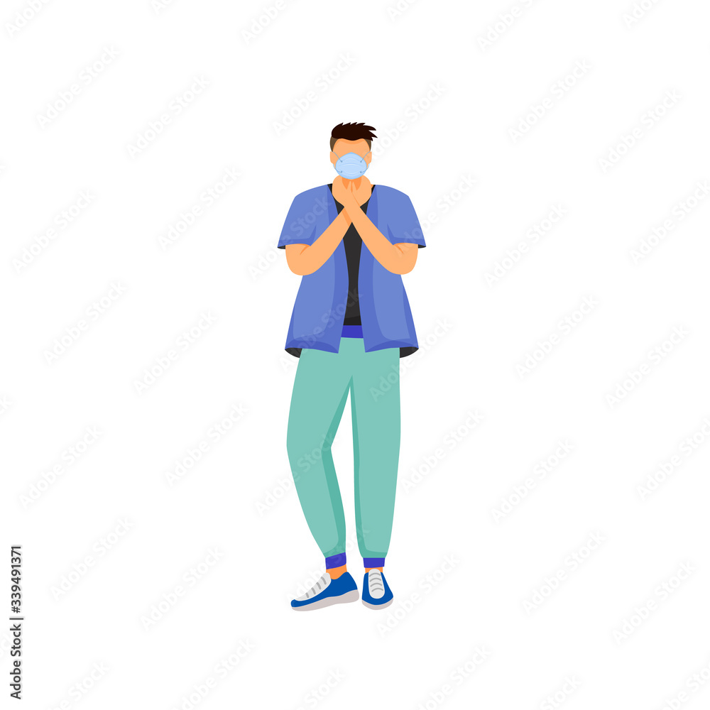 Man in respiratory mask flat color vector faceless character. Male patient with mouth protection. Person hold sore throat. Influenza virus spread precaution isolated cartoon illustration