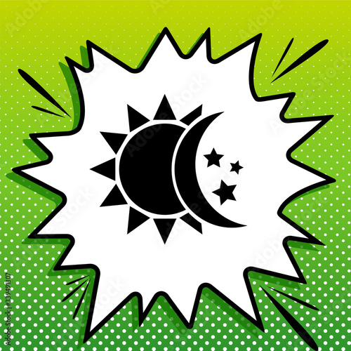 Sun, moon, stars sign. Black Icon on white popart Splash at green background with white spots. Illustration.