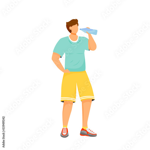 Man drink water flat color vector faceless character. Male sportsman with plastic bottle. Liquid to stay hydrated after gym workout. Person after exercise isolated cartoon illustration