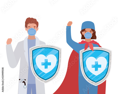 woman and man doctors heroes with cape and shields against 2019 ncov virus vector design