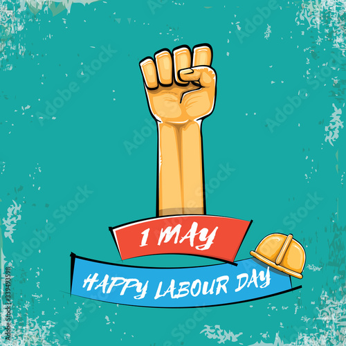 Happy labour day vector label with strong orange fist isolated on grunge turquoise background. vector happy labor day background with man hand. red workers may day poster