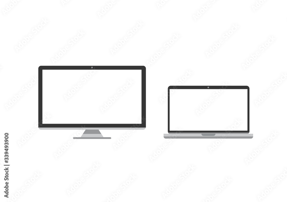 Set of computer and laptop with blank white screen isolated on a white background Set of computer and laptop with blank white screen isolated on a white background