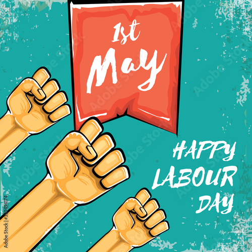 Happy labour day vector label with strong orange fist isolated on grunge turquoise background. vector happy labor day background with man hand. red workers may day poster