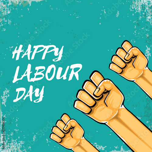 Happy labour day vector label with strong orange fist isolated on grunge turquoise background. vector happy labor day background with man hand. red workers may day poster
