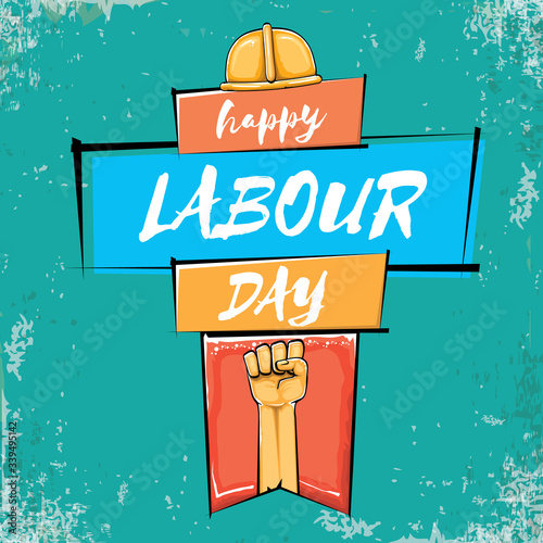 Happy labour day vector label with strong orange fist isolated on grunge turquoise background. vector happy labor day background with man hand. red workers may day poster