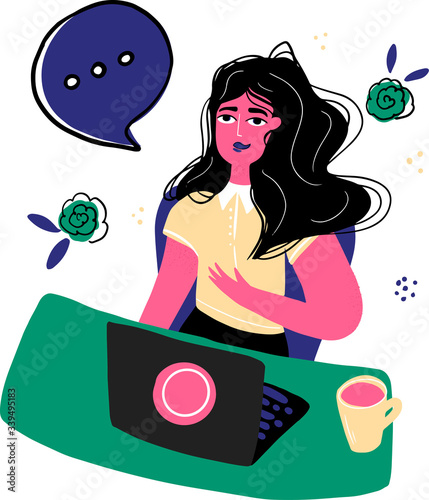 Podcaster, radio host with mic vector illustration. Podcast studio and media hosting, broadcasting doodle drawing. Female broadcaster at workplace flat character isolated on white background.