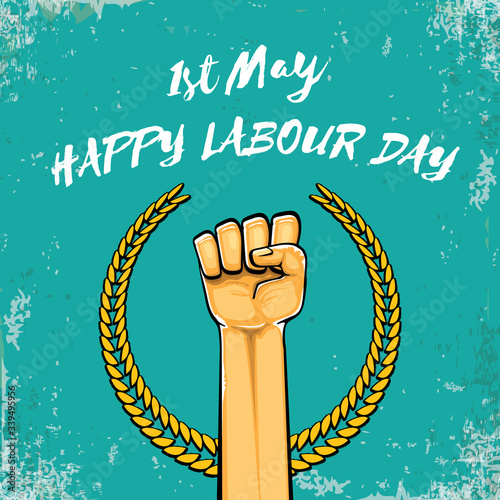 Happy labour day vector label with strong orange fist isolated on grunge turquoise background. vector happy labor day background with man hand. red workers may day poster