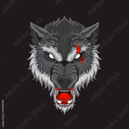 Wolf Head with scar in black background