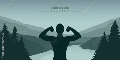 strong man silhouette outdoor sport by the river in nature vector illustration EPS10