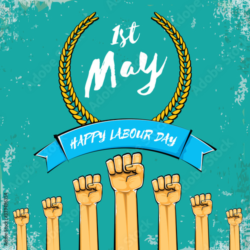 Happy labour day vector label with strong orange fist isolated on grunge turquoise background. vector happy labor day background with man hand. red workers may day poster