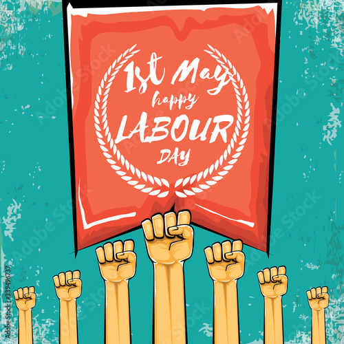 Happy labour day vector label with strong orange fist isolated on grunge turquoise background. vector happy labor day background with man hand. red workers may day poster