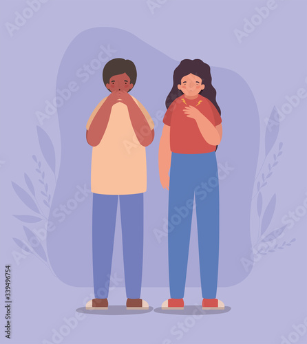 Girl and boy cartoons avatars with dry cough and shortness of breath vector design