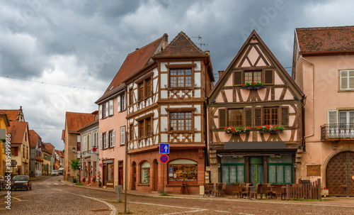 Street and houses in Obernai by day, Alsace, France