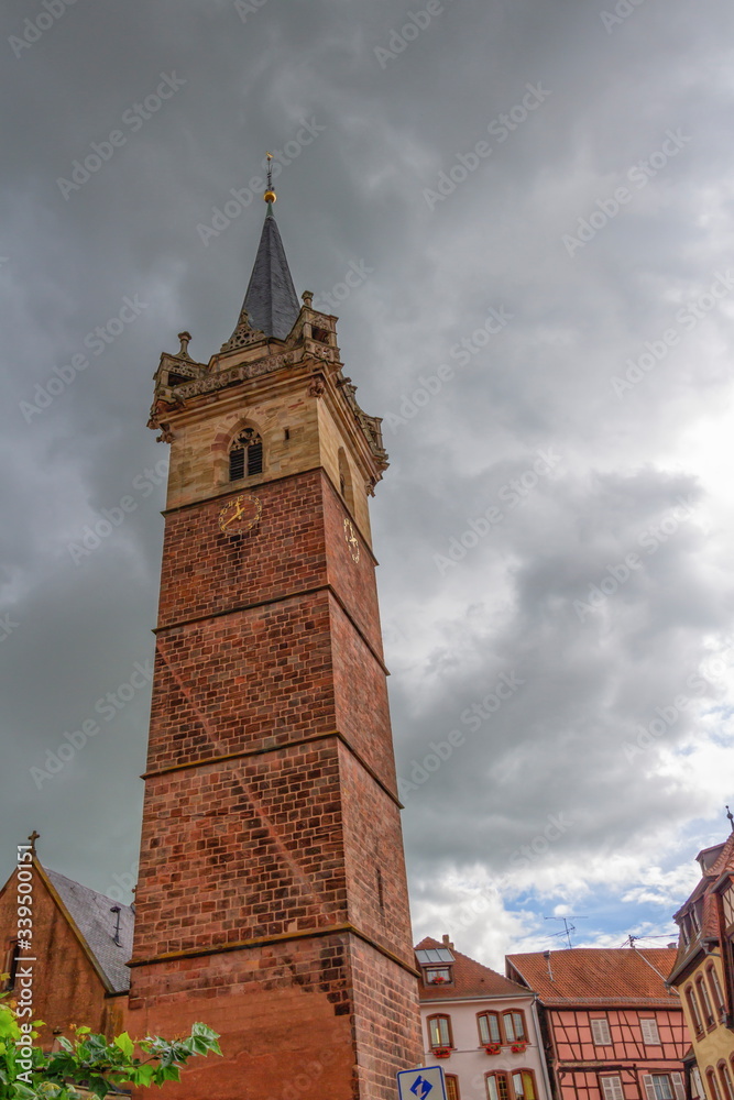 Famous Kappelturm beffroi at Obernai by day, Alsace, France
