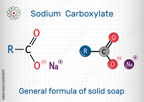 General formula of solid soap molecule. Sodium carboxylate, RCOONa. It is the sodium salt of fatty acid. Molecule model. Sheet of paper in a cage