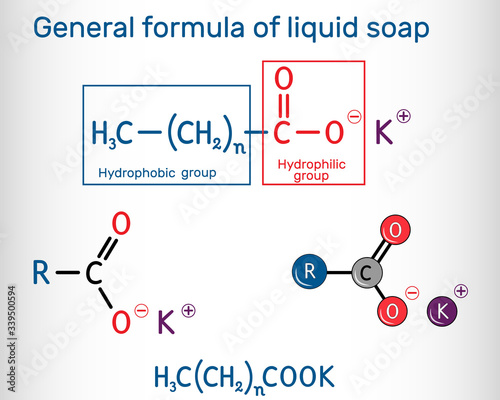 General formula of liquid soap molecule. Potassium carboxylate, RCOOK. It is the potassium salt of fatty acid. Structural chemical formula and molecule model