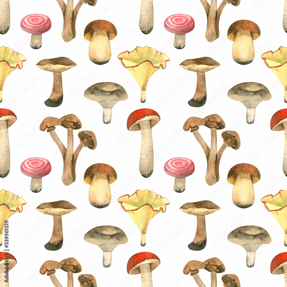 Watercolor seamless pattern with mushrooms, fall leaves, pumpkies, branches, berry and other plants. Natural autumn forest background ideal for baby fabric and wrapping paper Watercolor seamless pattern with mushrooms, fall leaves, pumpkies, branches, berry and other plants. Natural autumn forest background ideal for baby fabric and wrapping paper