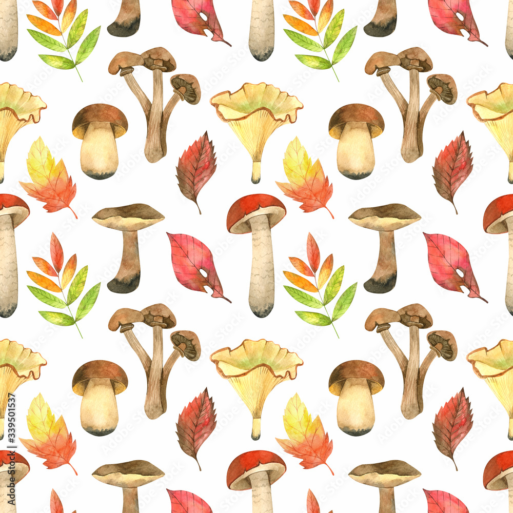 Naklejka Watercolor seamless pattern with mushrooms, fall leaves, pumpkies, branches, berry and other plants. Natural autumn forest background ideal for baby fabric and wrapping paper