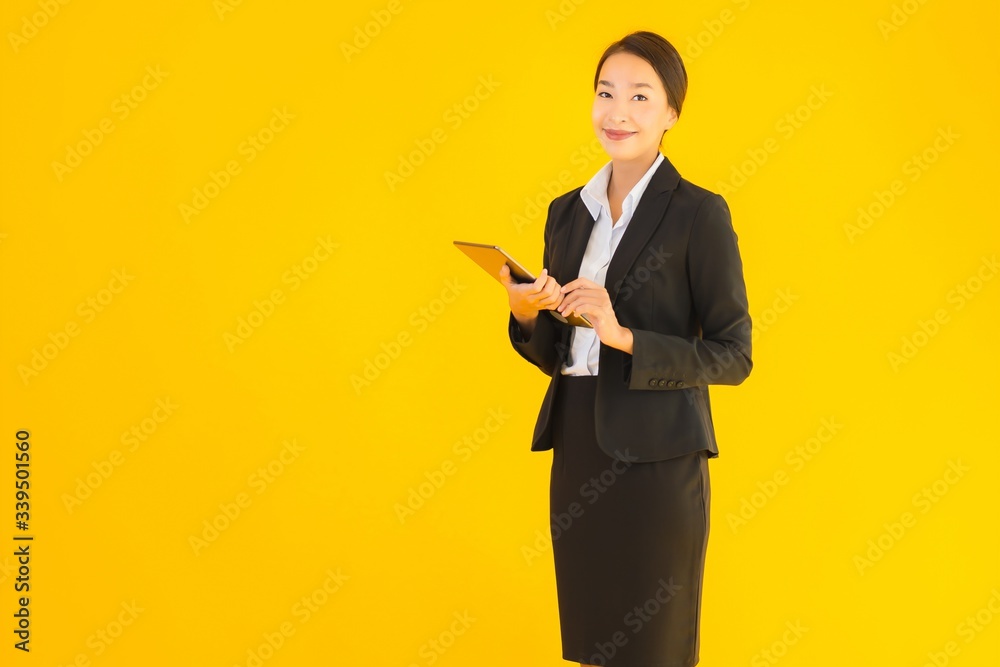Portrait beautiful young asian woman happy smile with tablets Portrait beautiful young asian woman happy smile with tablets