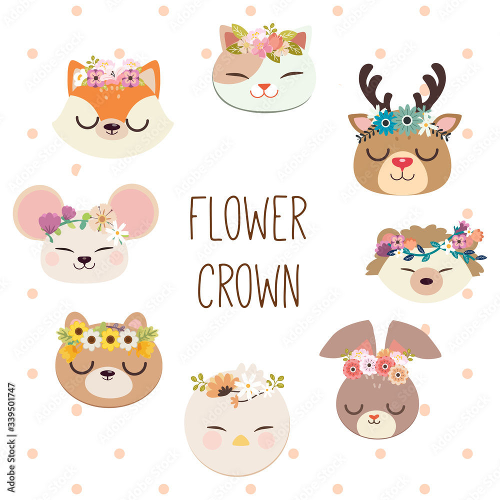 Obraz premium The collection of cute animal with flower crown. The cute cat deer hedgehog rabbit bird squirrel mouse fox with the flower crown in flat vector style on the white backgrounsd and polka dot