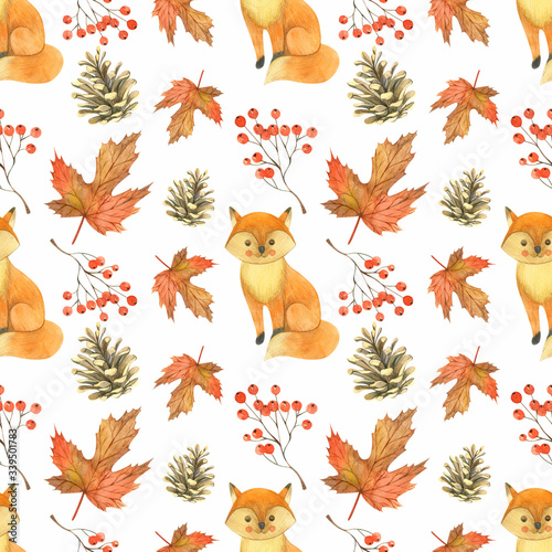 Seamless pattern with Watercolor forest cute cartoon fox, autumn fall leaves, florals, mushrooms. Autumn forest floral decorative background