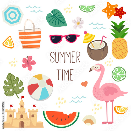 The collection of summer time set. The cute flamingo pineapple coconut juice totoe bag sunglasses starfish lemon beach ball sand castle and umbrella in flat vector style.