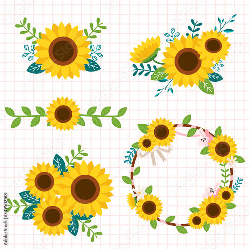 The collection of cute sunflower in the boquet and set on the white background. The pattern of cute sunflower on the white background. The cute sunflower in flat vector style.