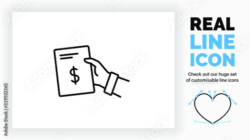 Editable line icon of a person giving a document about money with his hand part of a huge set of customisable line icons and linear stick figures! 