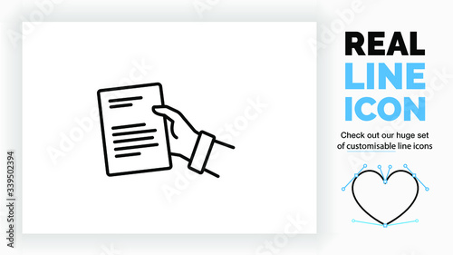 Editable line icon of a person giving a text document with his hand part of a huge set of customisable line icons and linear stick figures! 