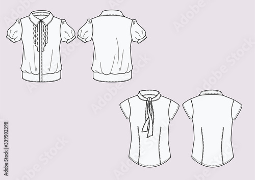 Camicia donna manica corte disegno piatto sketch fashion illustration fronte e retro mock up vettoriale photo