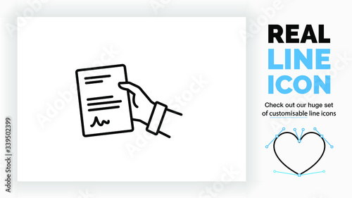 Editable line icon of a person giving a contract with his hand part of a huge set of customisable line icons and linear stick figures! 