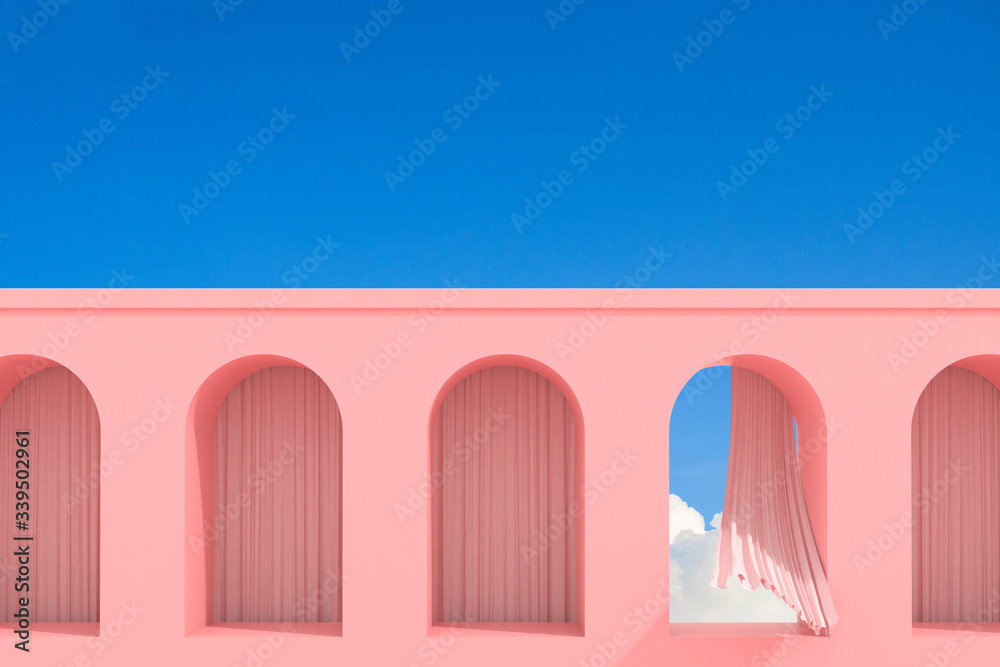 Minimal abstract building with arch window and flow curtain on blue sky background, Architectural design with shade and shadow on pink texture. 3D rendering. - obrazy, fototapety, plakaty 