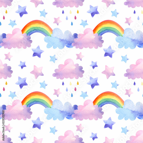 Cute seamless pattern with rainbow and pink and blue clouds with rain drops. Isolated on white watercolor rainbow and clouds for textile, fabric 