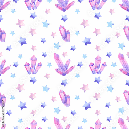 Cute seamless pattern with stars and pink and blue  crystals isolated on white watercolor rainbow and clouds for textile, fabric 