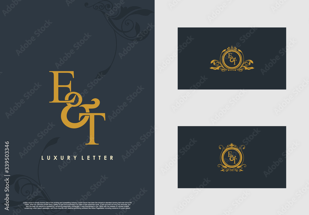 ET logo initial vector mark. Gold color elegant classical symmetric curves decor.