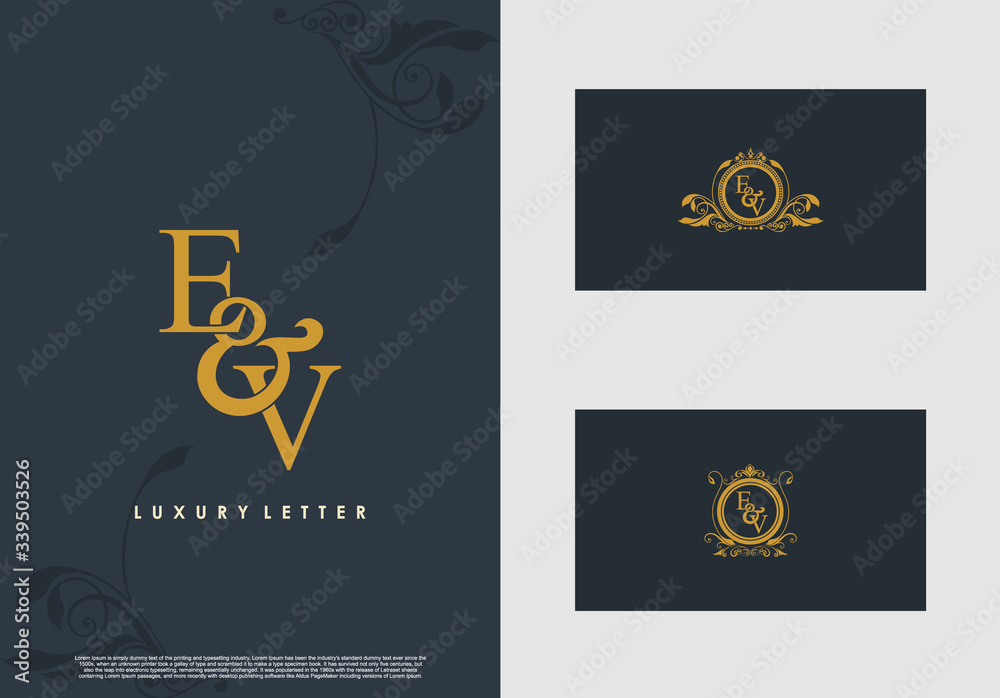 EV logo initial vector mark. Gold color elegant classical symmetric curves decor.