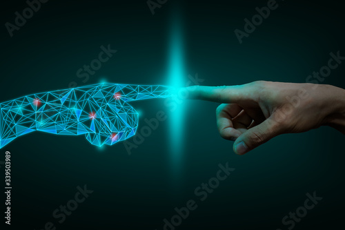 a human hand touching with digital hand, digital transformation  concept