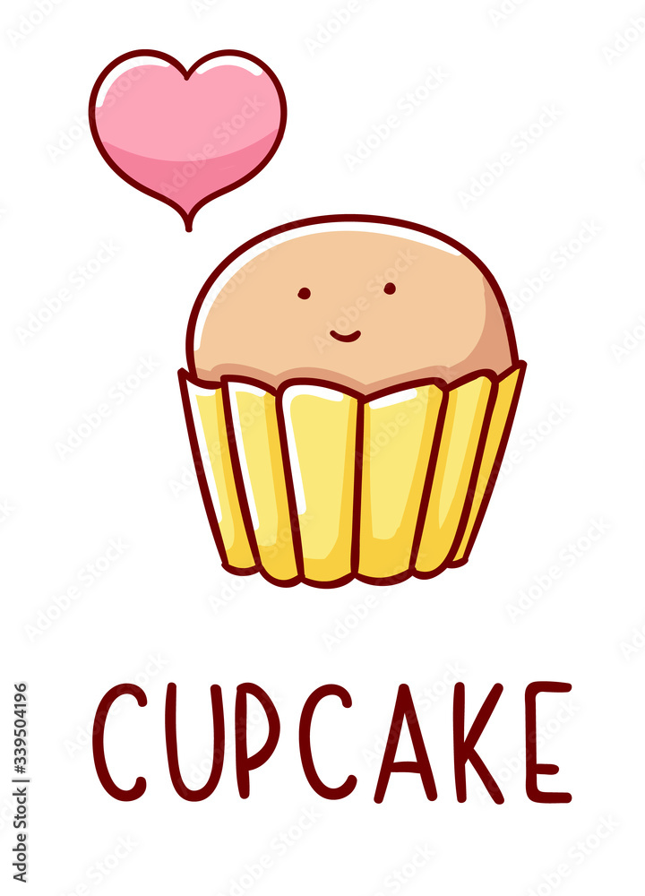 Cute kawaii hand drawn cupcake doodles, lettering cupcake, isolated on white background, print