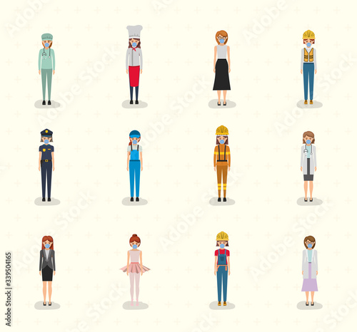 Women workers with masks against 2019 ncov virus vector design