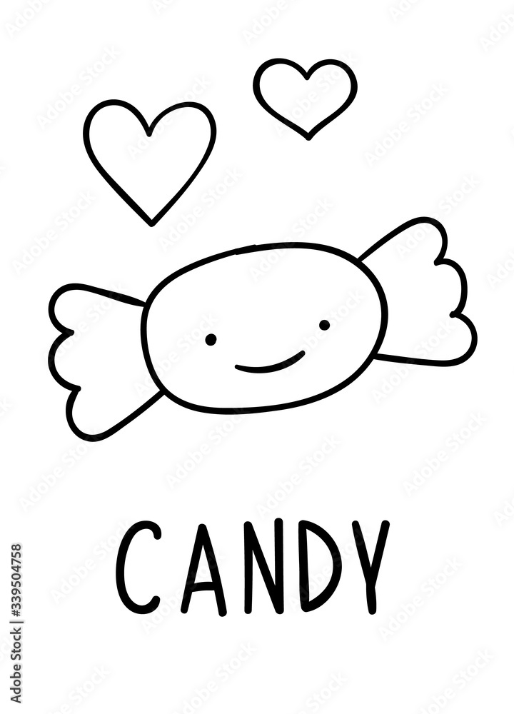 Coloring pages, black and white cute kawaii hand drawn candy doodles, lettering candy, print Coloring pages, black and white cute kawaii hand drawn candy doodles, lettering candy, print