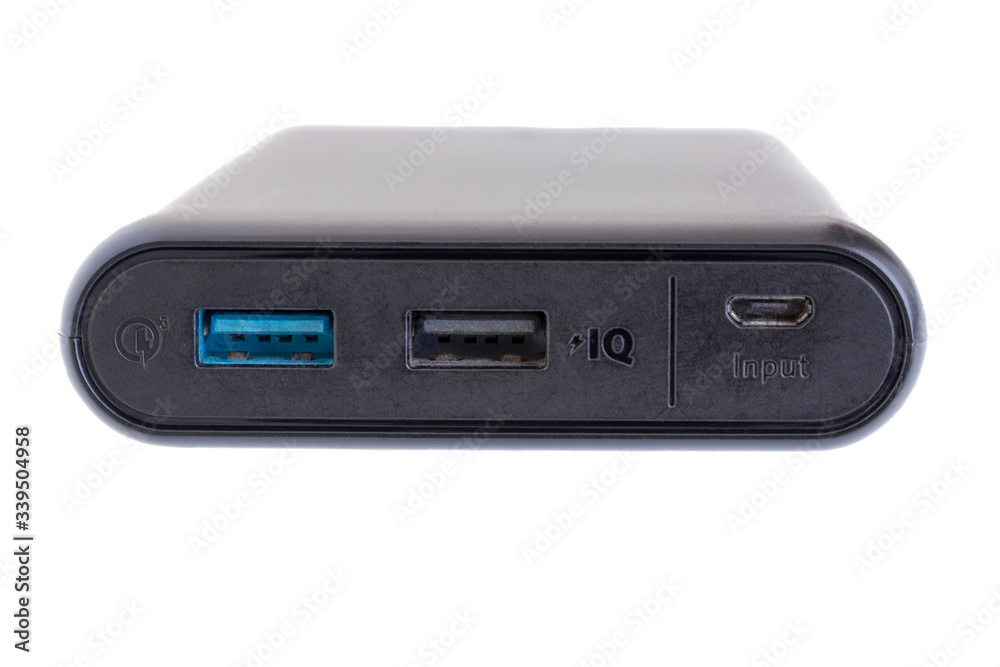 Power bank (battery charger) with high speed charging usd port isolated on a white Power bank (battery charger) with high speed charging usd port isolated on a white