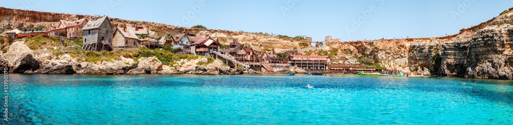 Panorama of Popeye Village in the sunny day, Malta