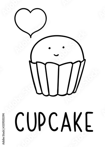 Coloring pages, black and white cute kawaii hand drawn cupcake doodles, lettering cupcake, print