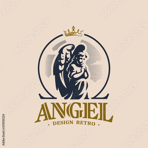 Angel child prays standing on his knee.