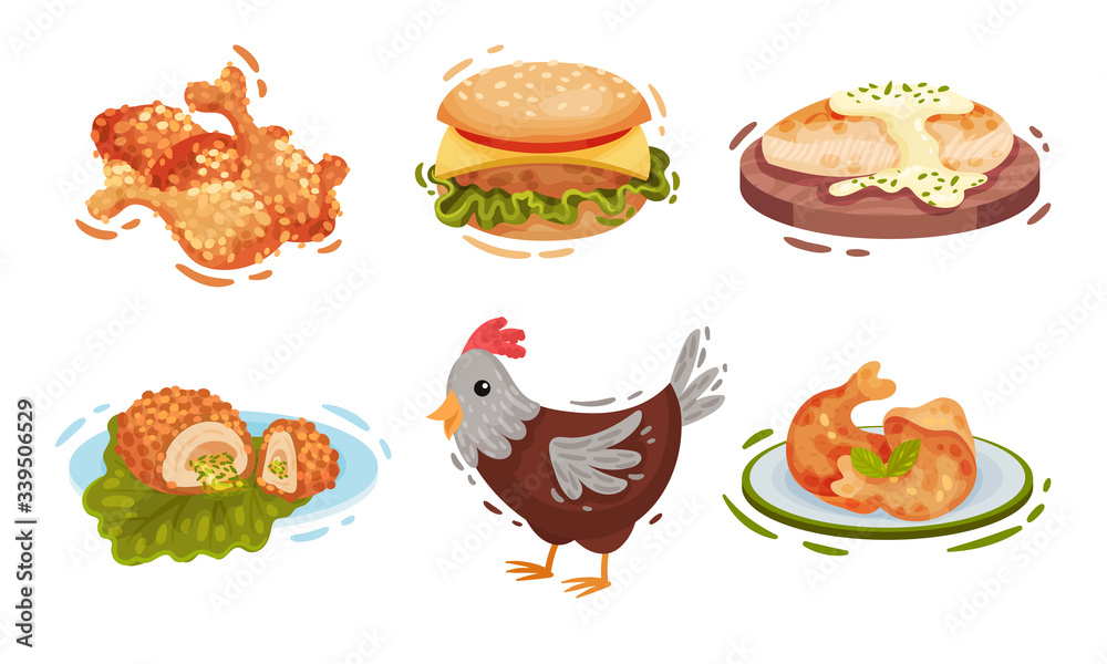 Chicken Food and Snacks with Deep Fried Legs and Cheeseburger Vector Set Chicken Food and Snacks with Deep Fried Legs and Cheeseburger Vector Set